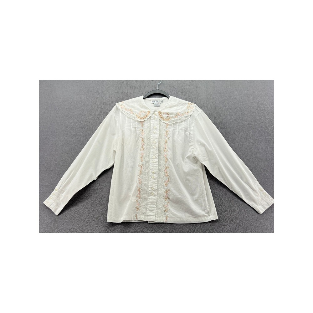 VTG Together! Blouse Womens S White Cotton Embroidered Lace Peter Pan Collar
